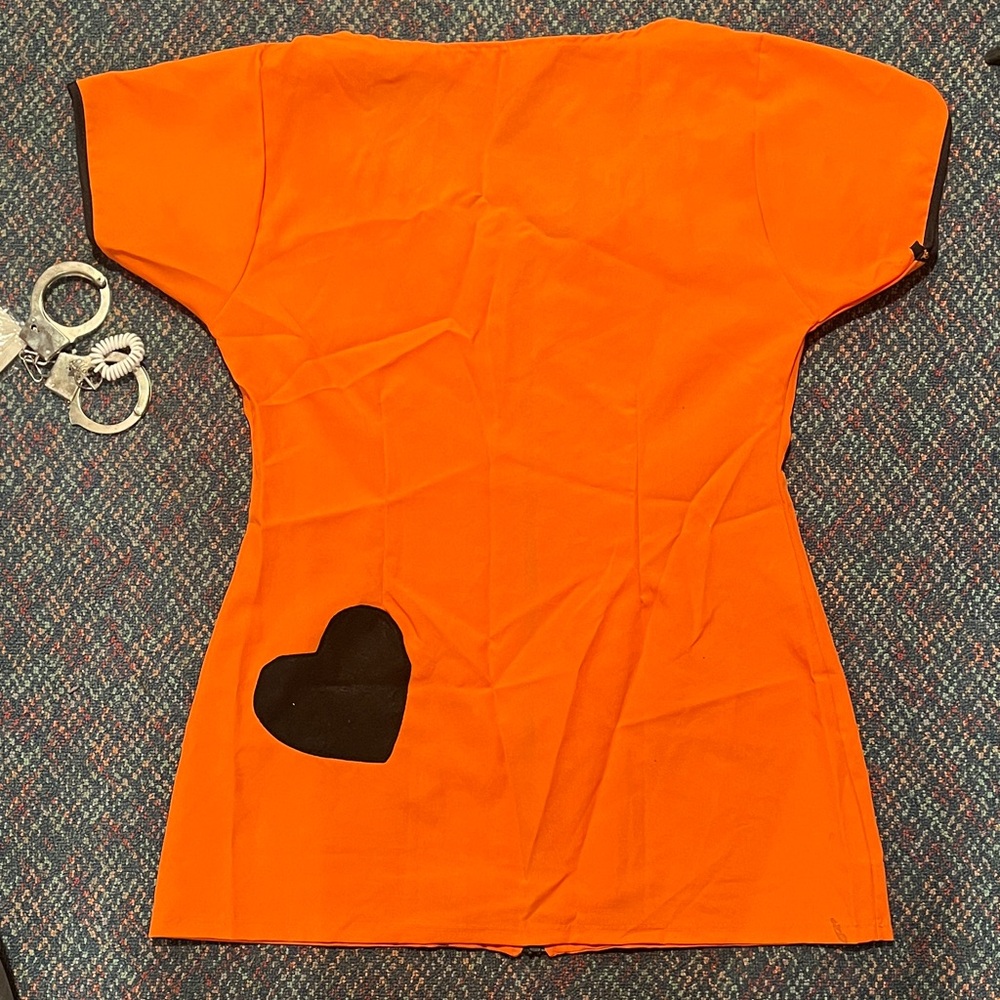 Sexy Convict Halloween Costume Orange Mini Dress w Zipper, Heart &fake handcuffs - Picture 4 of 15